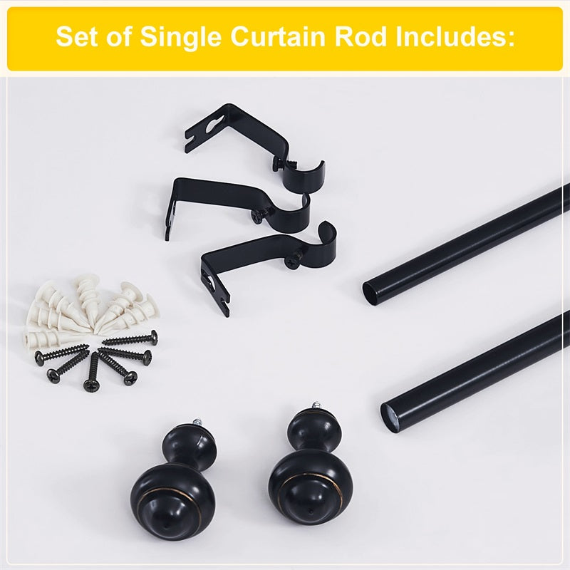 Adjustable outdoor curtain rod set with black rods, three decorative brackets, two oval finials, mounting screws & anchors.