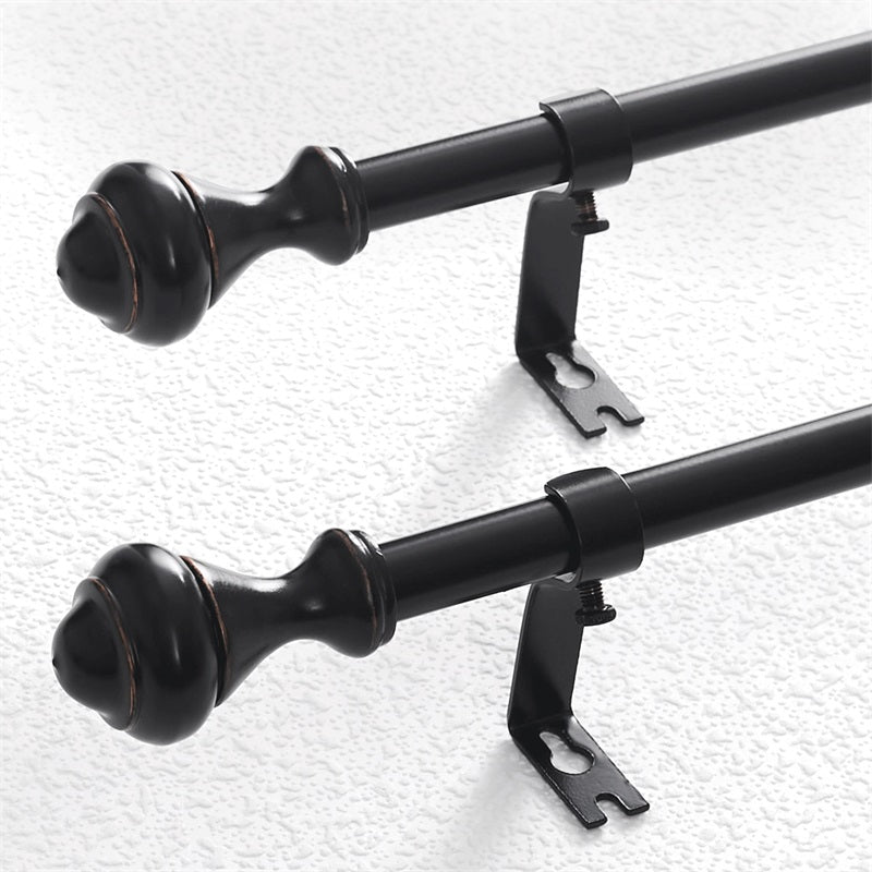Adjustable black outdoor curtain rod 2-pack with decorative oval finials & heavy-duty mounting brackets for patio drapery.