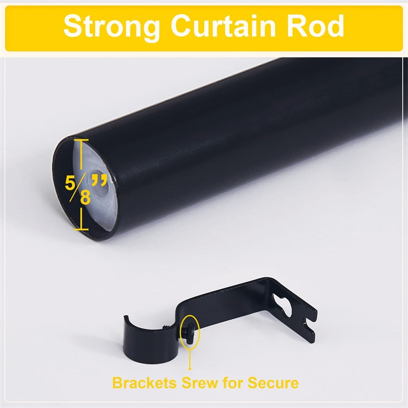 Black adjustable outdoor curtain rod showing 5/8 inch diameter and a strong mounting bracket with screw for secure installation.