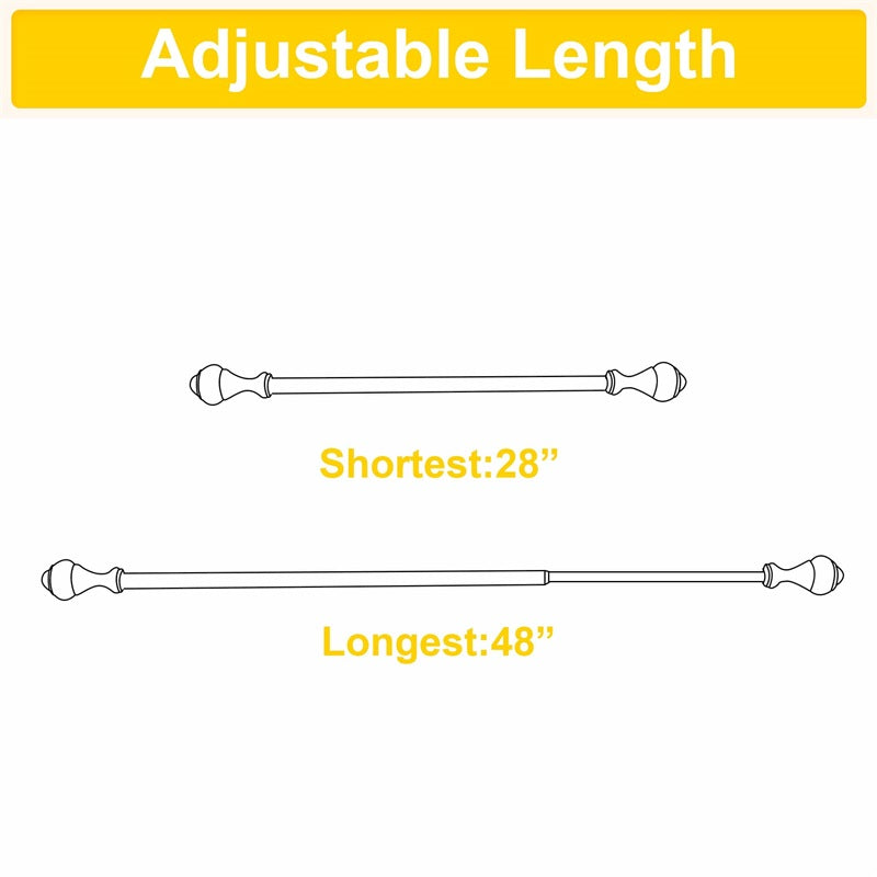 Adjustable outdoor curtain rod diagram showing shortest 28" and longest 48" lengths with decorative oval finials.