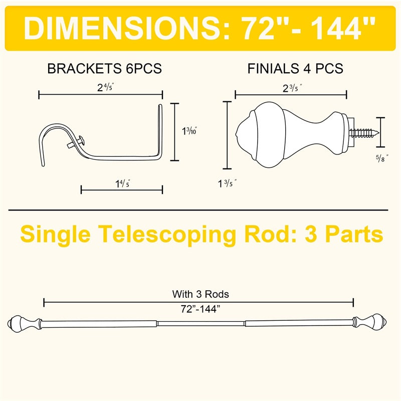 Technical drawing of 72"-144" adjustable outdoor curtain rod components, showing oval finials, brackets, and telescoping drapery rod dimensions.