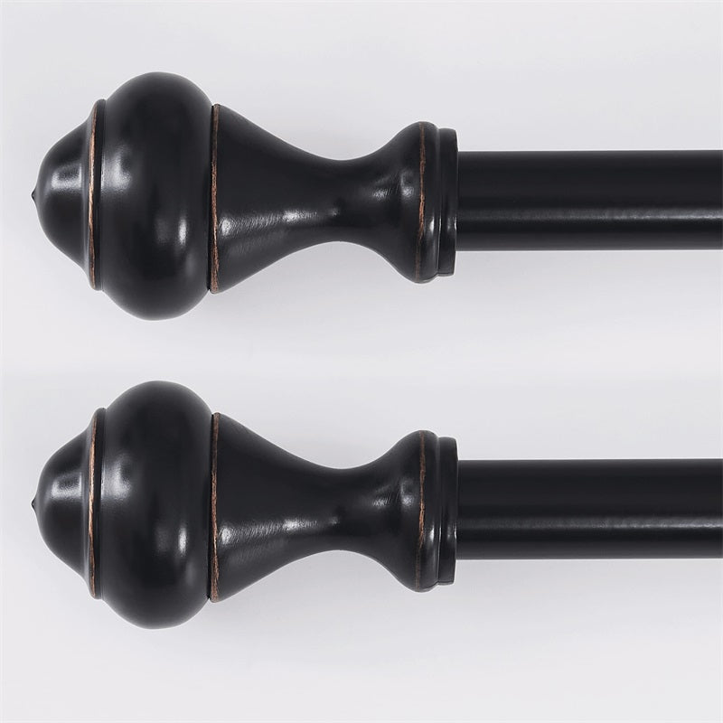 Pair of antique bronze adjustable outdoor curtain rods with elegant oval finials for patio and pergola drapery.