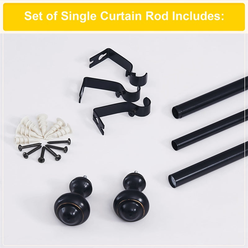 Black adjustable outdoor curtain rod components: oval finials, brackets, rod sections, screws, and wall anchors for installation.