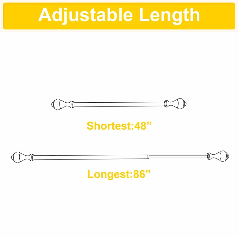 Adjustable decorative outdoor curtain rod with oval finials, showing 48" shortest and 86" longest extendable lengths.