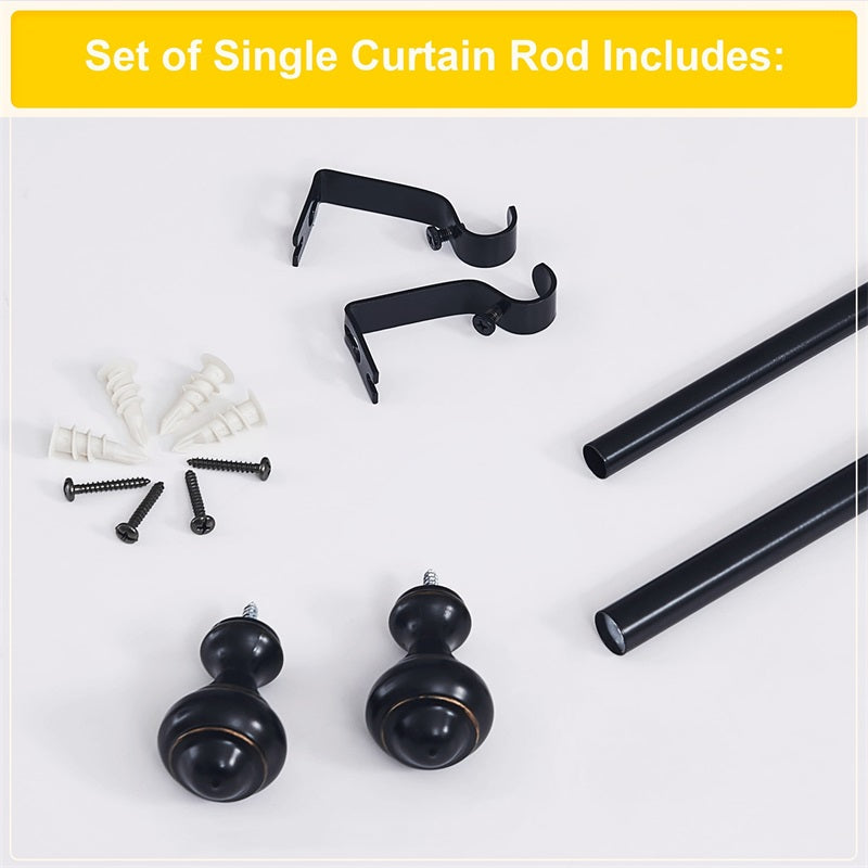 Black adjustable outdoor curtain rod set with oval decorative finials, mounting brackets, rod sections, screws, and wall anchors.
