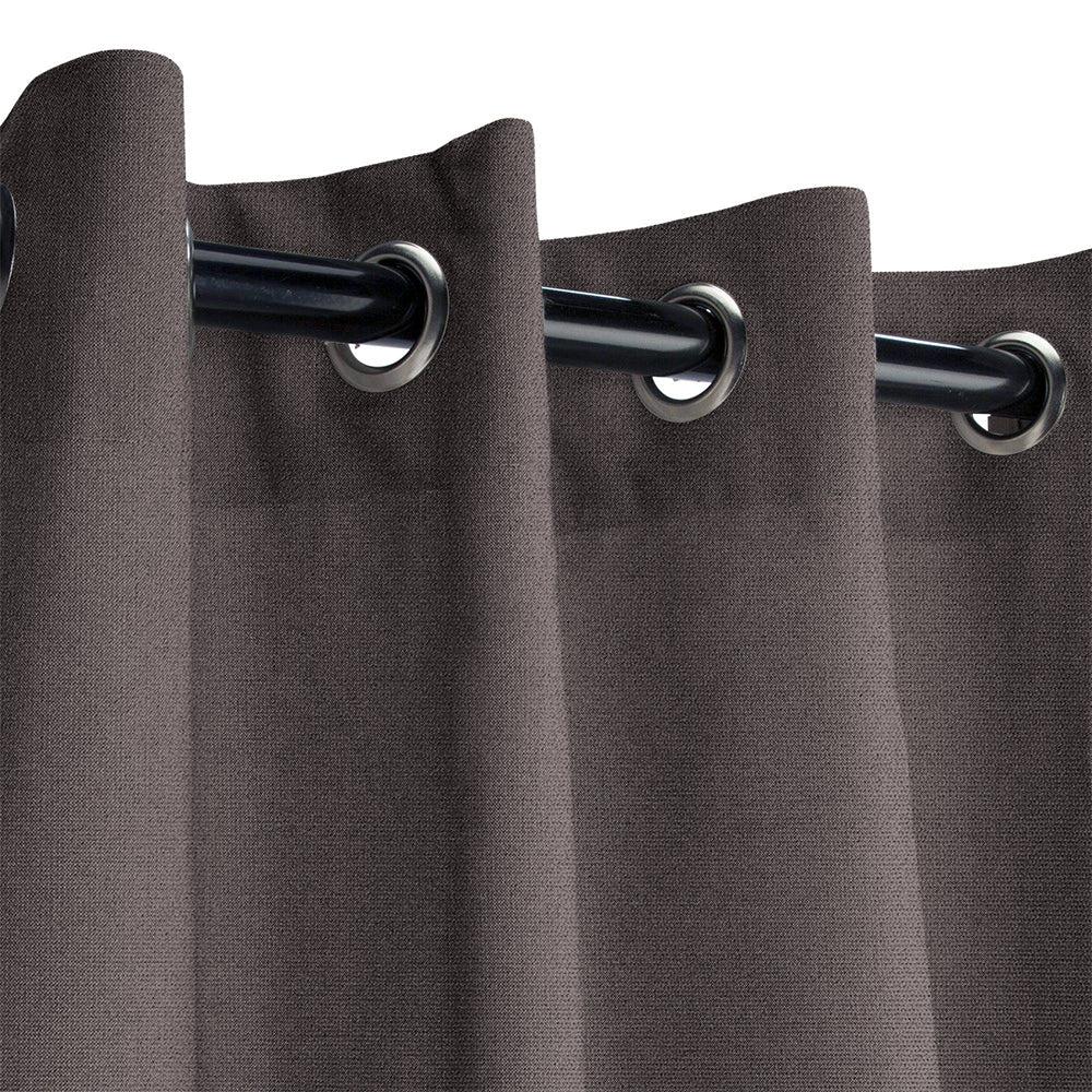 KGORGE Fadenomore dark grey outdoor curtain sample with weatherproof fabric texture and metal grommets on a rod.