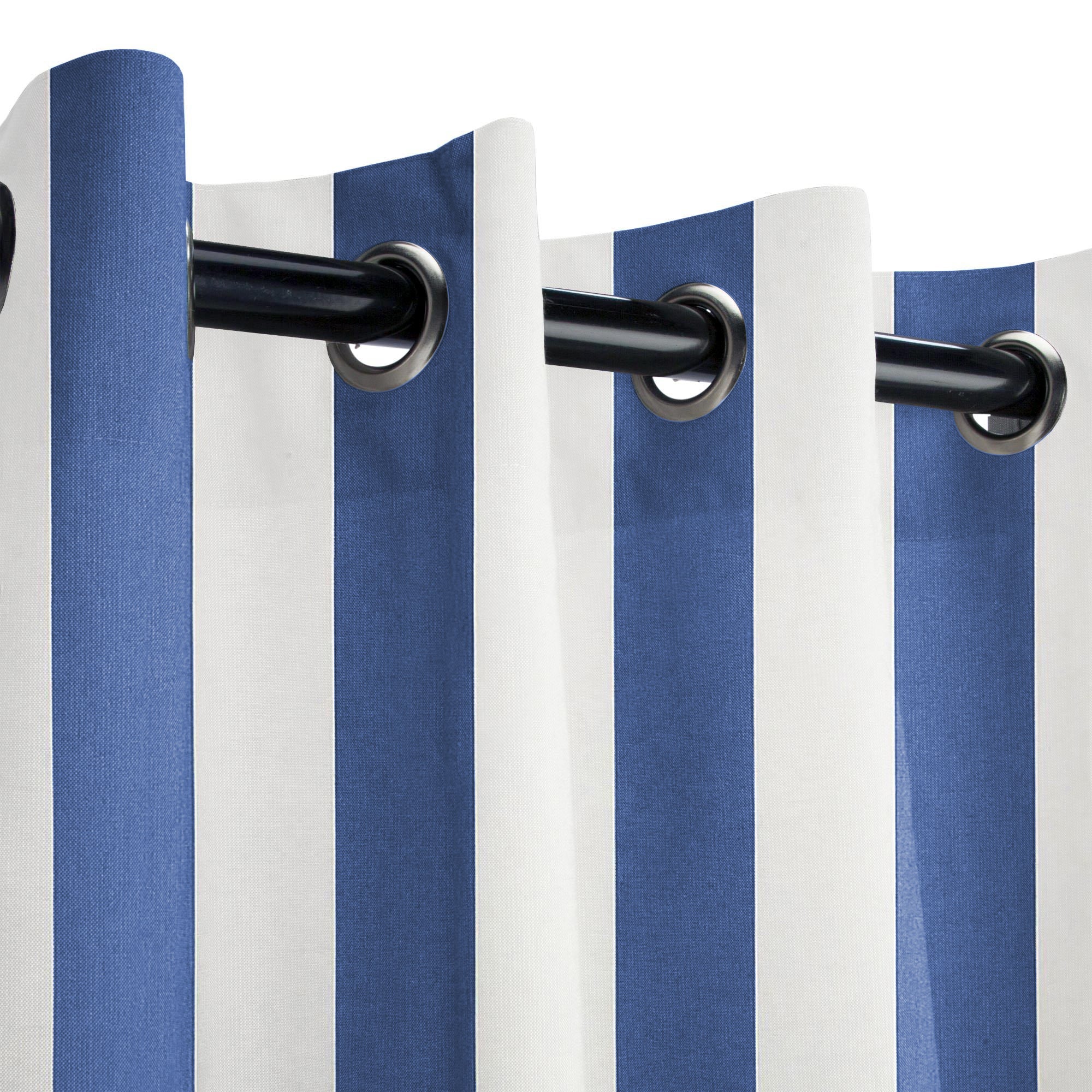 Detail of KGORGE Fadenomore blue & white striped outdoor curtain with grommets, highlighting weatherproof, fade-resistant fabric.