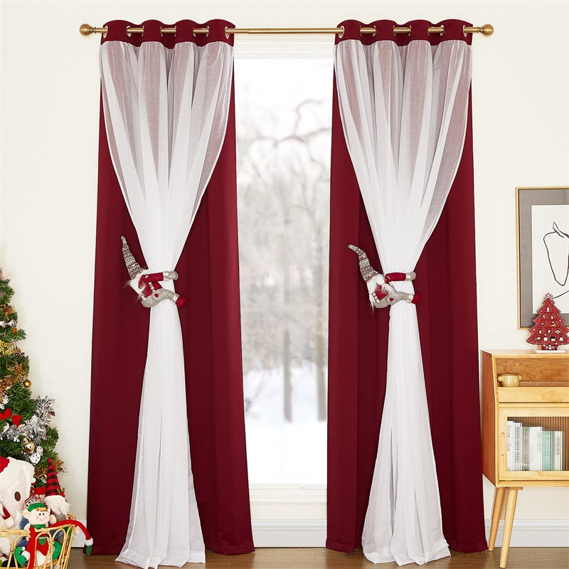 KGORGE Christmas red blackout curtains with white crushed voile sheer, grommet top, 2 panels, gnome tiebacks for room darkening & privacy.