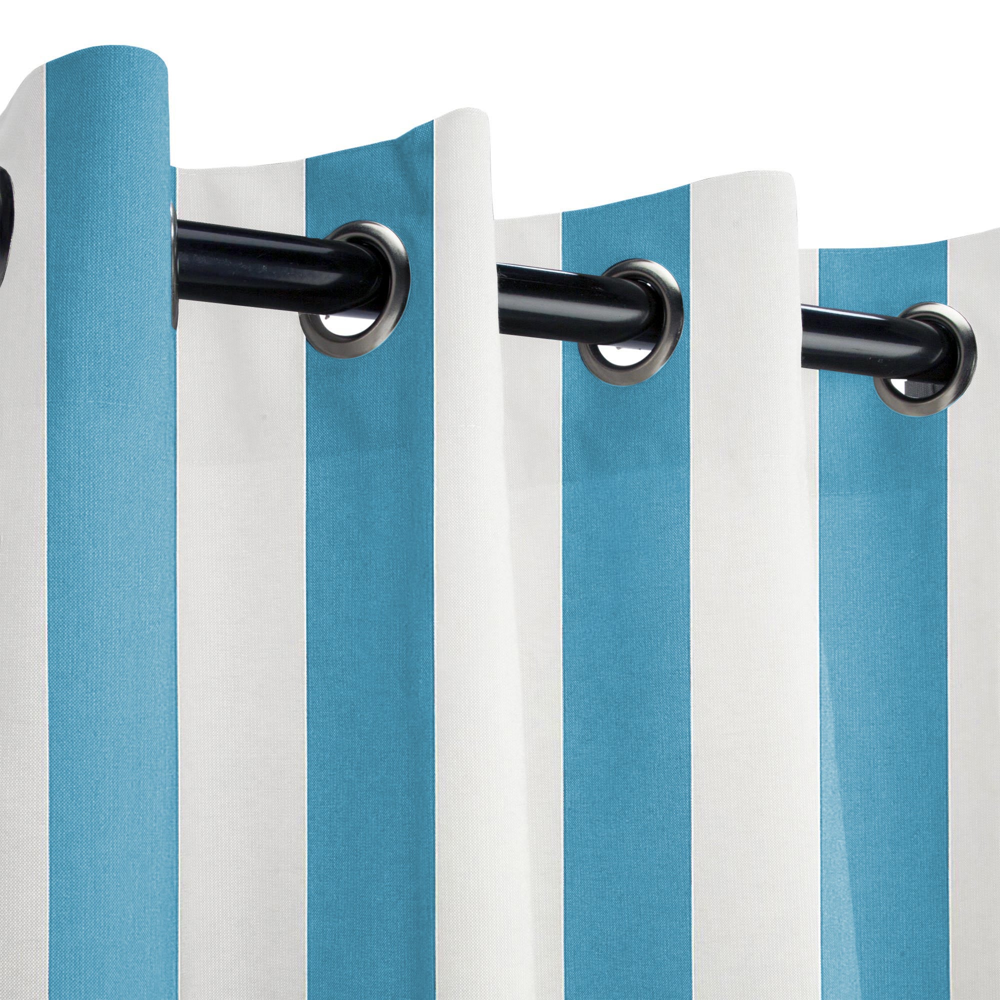Blue and white striped Fadenomore outdoor curtain sample with durable grommets on a rod, showcasing fade-resistant fabric.