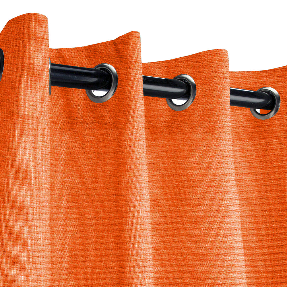 Vibrant orange KGORGE Fadenomore fade-resistant outdoor curtain sample, showcasing durable weatherproof fabric with metal grommets.