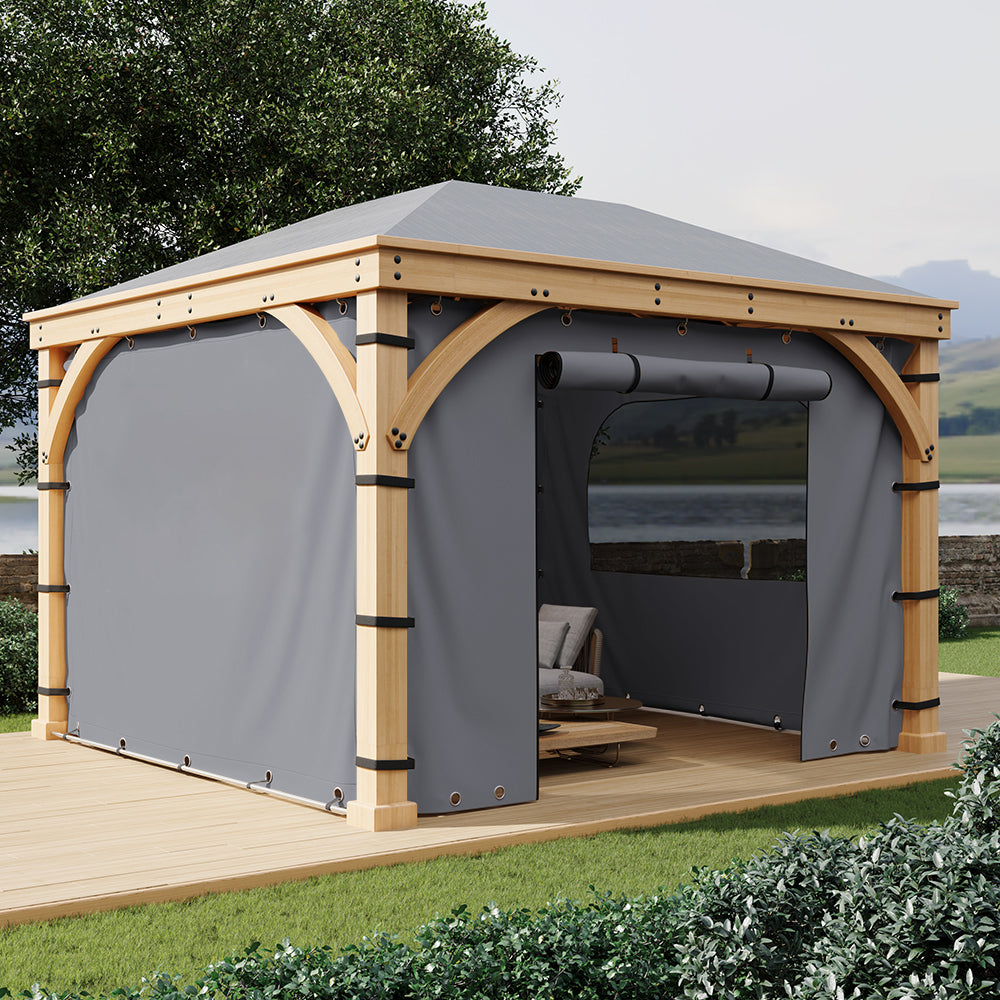 Grey waterproof outdoor canopy tent gazebo sidewall panel with a rolled mesh window and open zipper door on a wooden pergola.