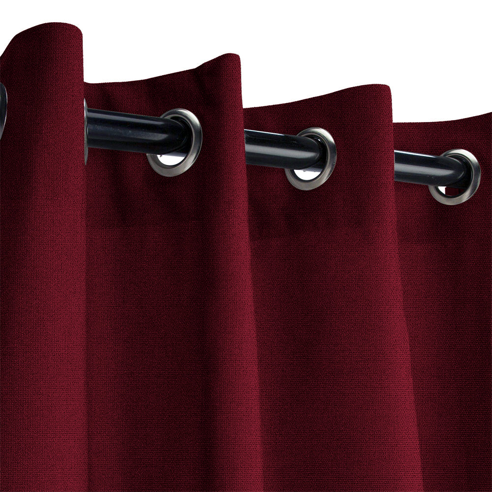 Close-up of a rich burgundy KGORGE Fadenomore outdoor curtain sample, featuring weatherproof fabric and durable silver grommet top design.