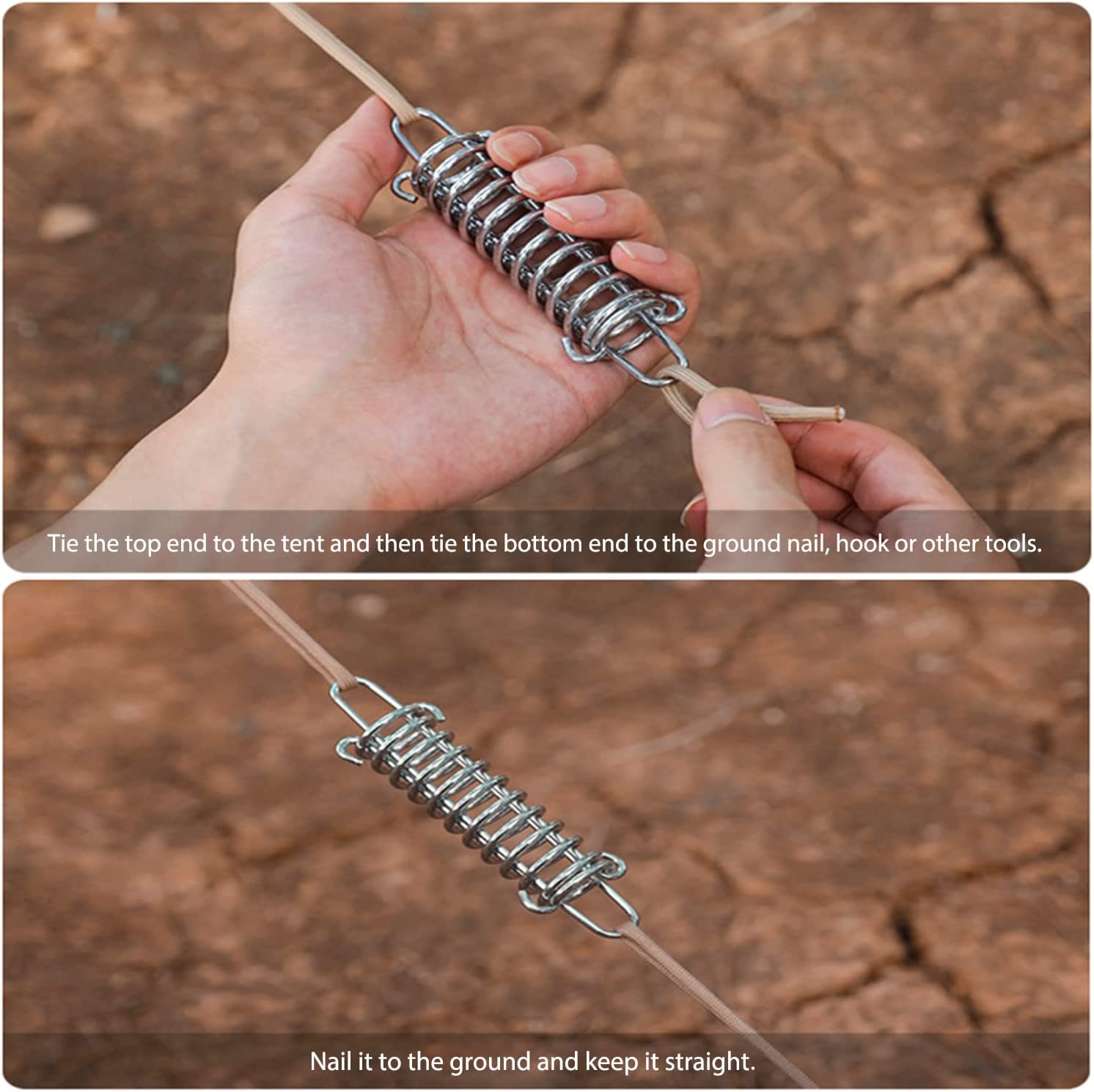 Hands demonstrating how to attach a cord to a heavy-duty metal spring tensioner buckle for fixing outdoor awnings, canopies, or tents.