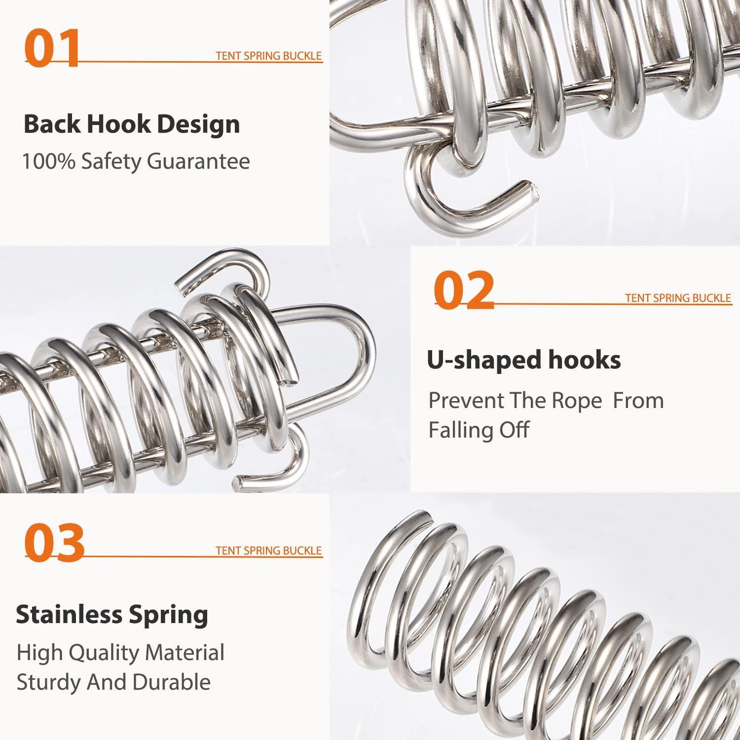 Heavy-duty stainless steel spring buckle for awnings, canopies, and tents, featuring U-shaped hooks for secure outdoor fixing.