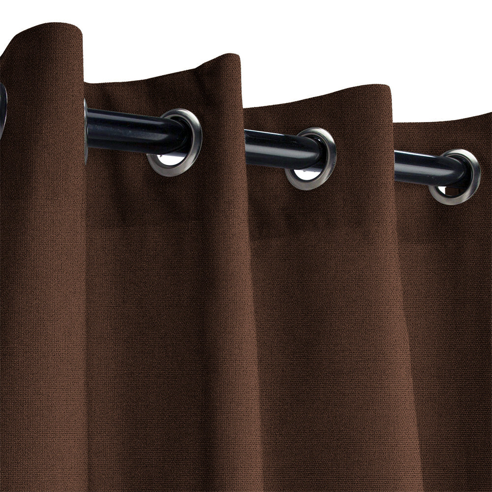 Brown KGORGE Fadenomore weatherproof outdoor curtain sample with textured fabric and metal grommets on a rod.