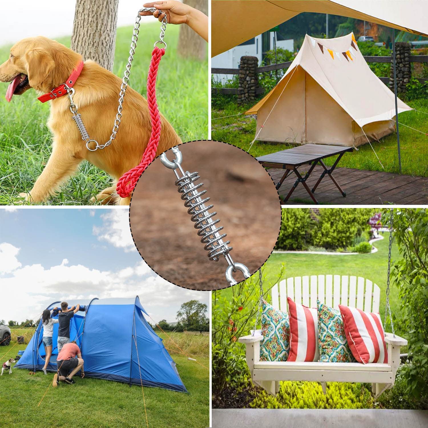 Heavy-duty spring snap hook buckle for fixing awnings, canopies, tents, or pet leashes in outdoor, patio & camping settings.