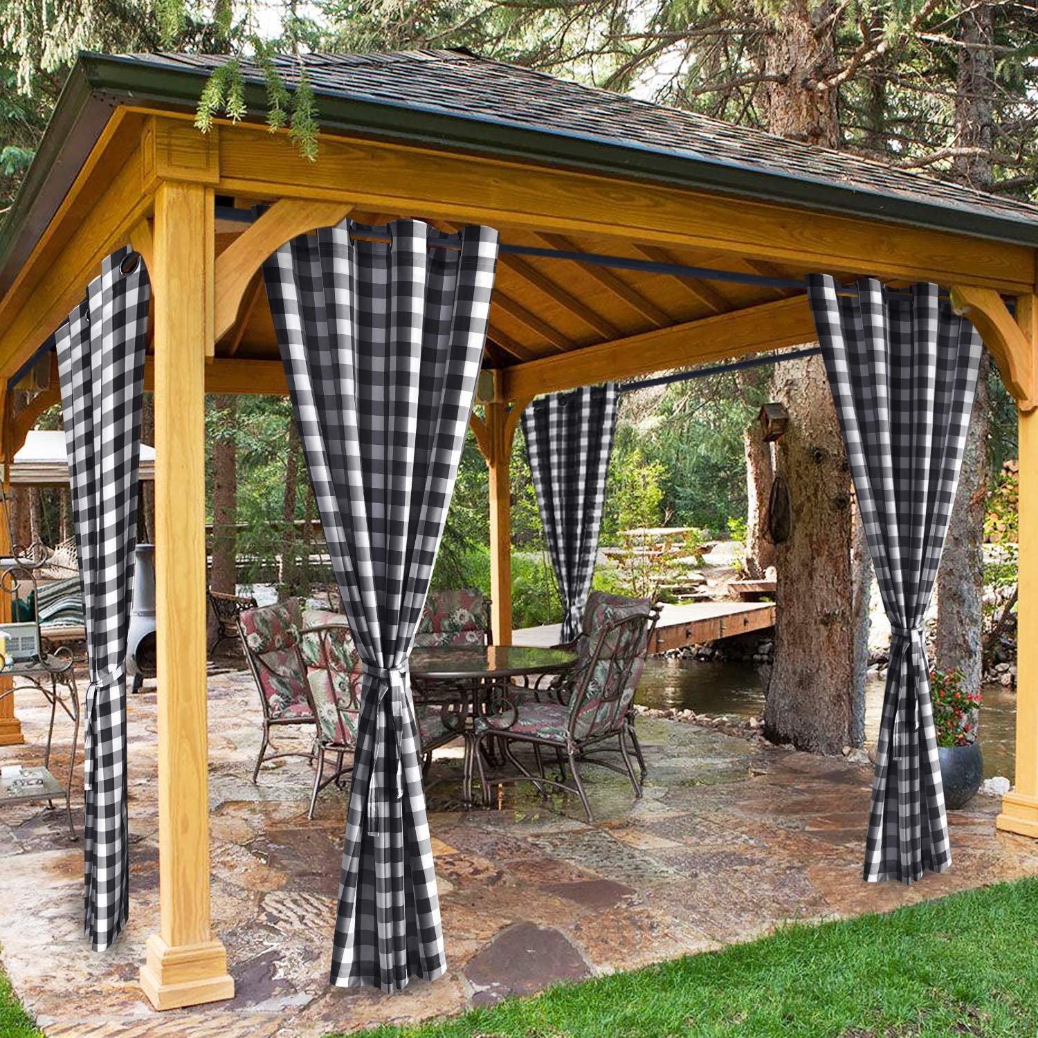 Plaid Outdoor Curtains for Patio Waterproof Grommet Curtains for Gazebo, Porch and Cabana 1 Panel