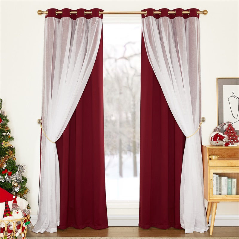 Red Christmas blackout curtains & white crushed voile sheer overlay, 2 panels tied back, gold rod, festive decor.