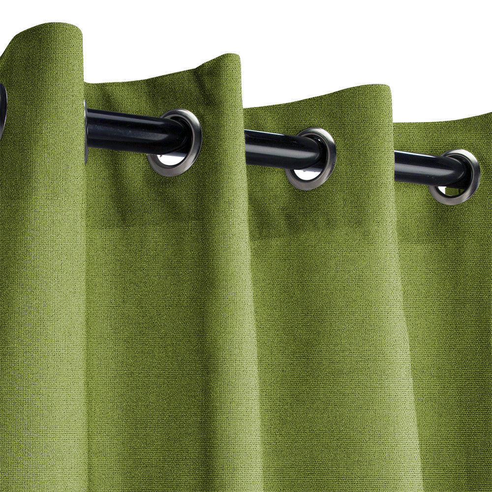Close-up of KGORGE Fadenomore™ green outdoor curtain fabric with metal grommets on a black rod, highlighting fade-resistant texture.