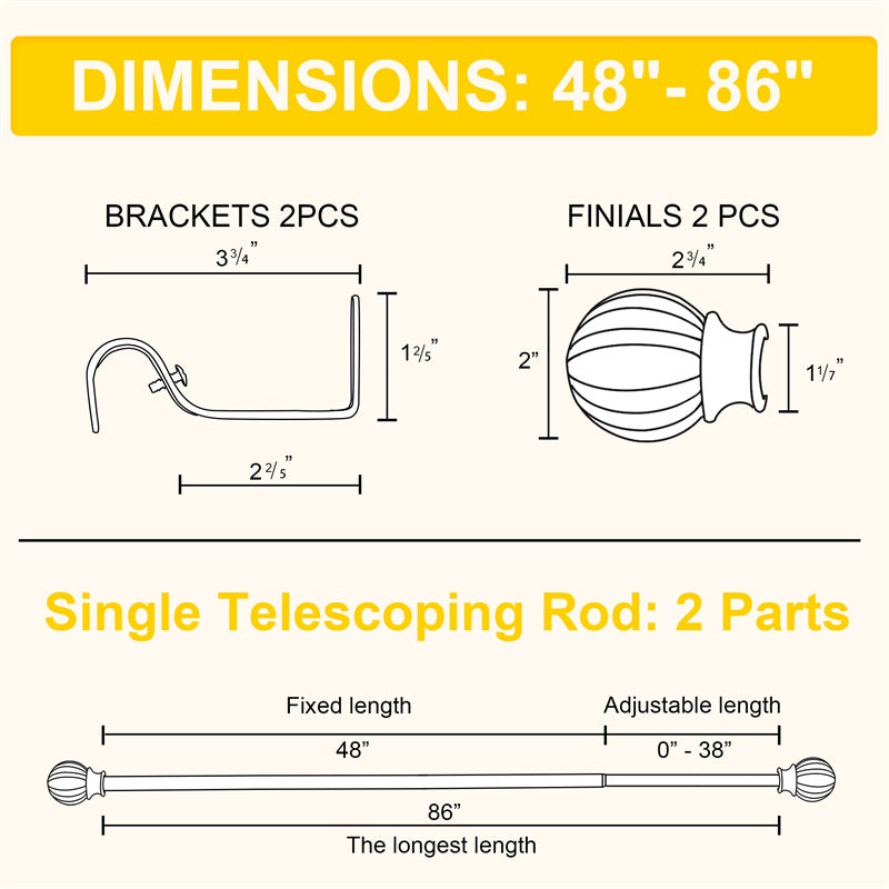 Diagram showing dimensions of KGORGE adjustable extra-long outdoor curtain rod set, brackets, decorative petal ball finials, and telescoping rod (48-86 inches).