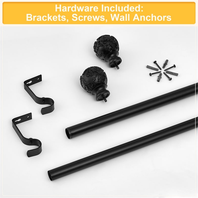 Black adjustable extra-long outdoor curtain rod set with decorative petal ball finials, mounting brackets, screws, and wall anchors.