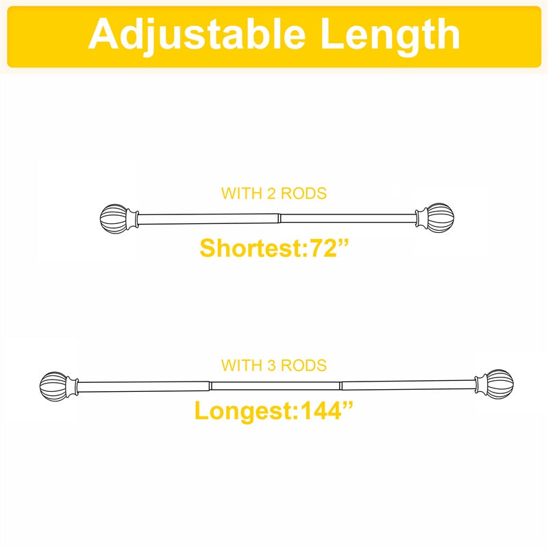 Adjustable extra-long outdoor curtain rod set lengths: 72-inch (2 rods) and 144-inch (3 rods), featuring petal ball caps.