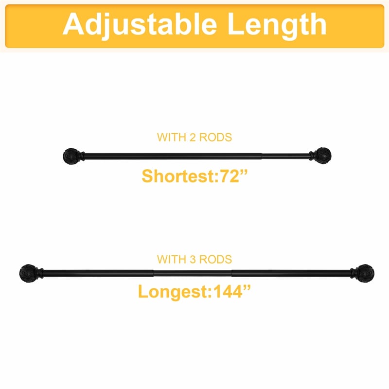 Adjustable extra-long black outdoor curtain rod set with petal ball caps, showing 72-inch (2 rods) and 144-inch (3 rods) length options.