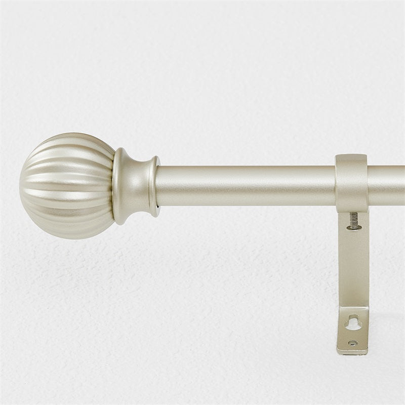 Brushed nickel adjustable outdoor curtain rod with decorative ribbed petal ball finial and wall-mounted bracket, aluminum alloy.