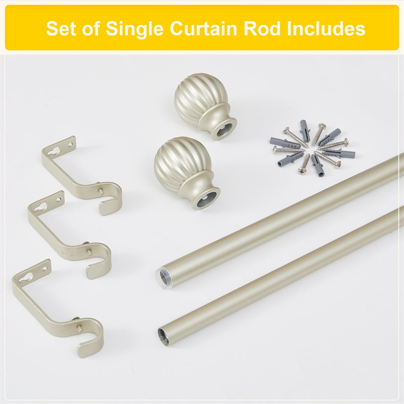 Adjustable extra-long outdoor curtain rod set components: two rods, decorative petal ball finials, 3 mounting brackets, hardware.