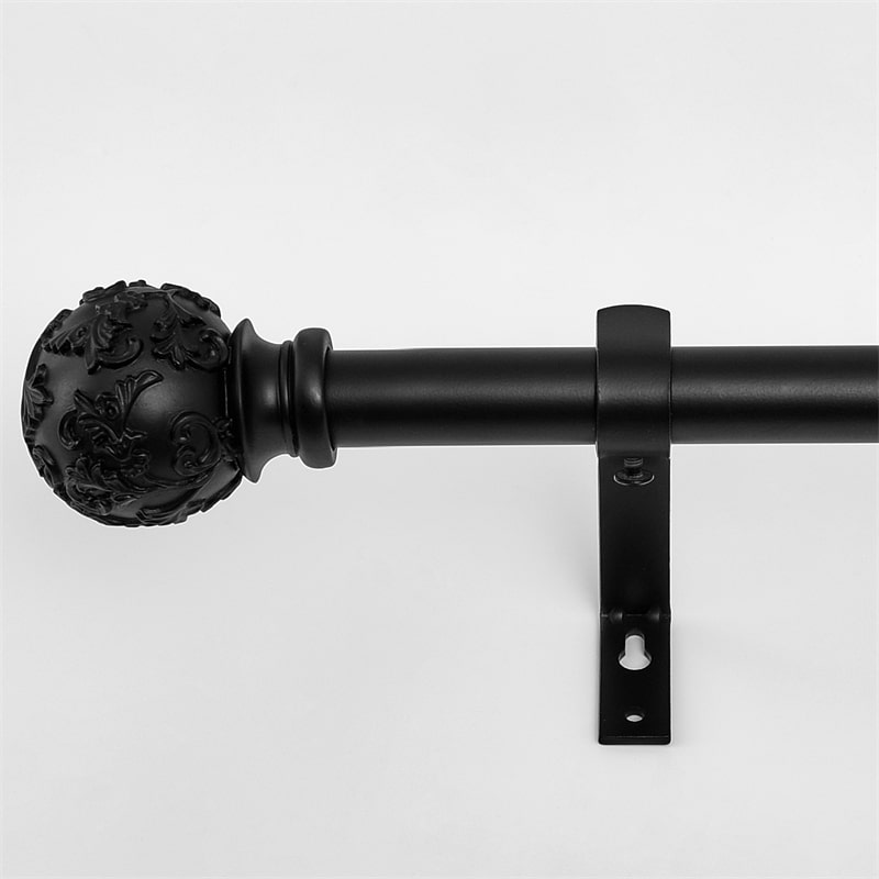 Weatherproof black adjustable outdoor curtain rod, 1-1/8 inch, with decorative petal ball finial & bracket.
