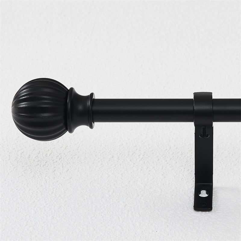 Black adjustable extra-long outdoor curtain rod with decorative petal ball cap finial and mounting hardware.