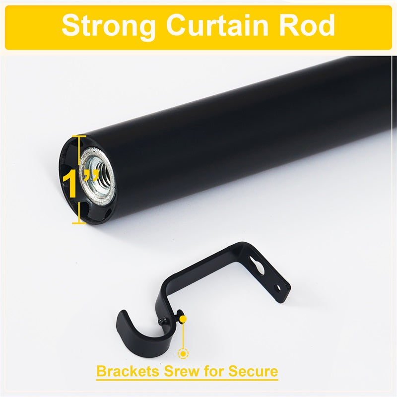 Heavy-duty 1-inch black outdoor curtain rod end with threaded connection, alongside a sturdy mounting bracket with secure screw.