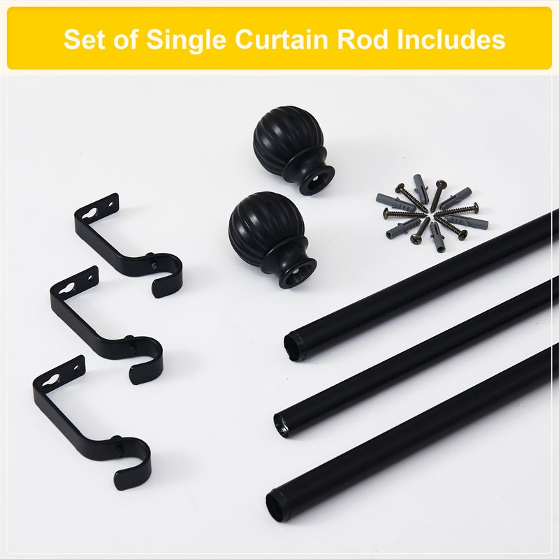 Black adjustable extra-long outdoor curtain rod set with decorative petal ball finials, sturdy mounting brackets, rods, and installation hardware.