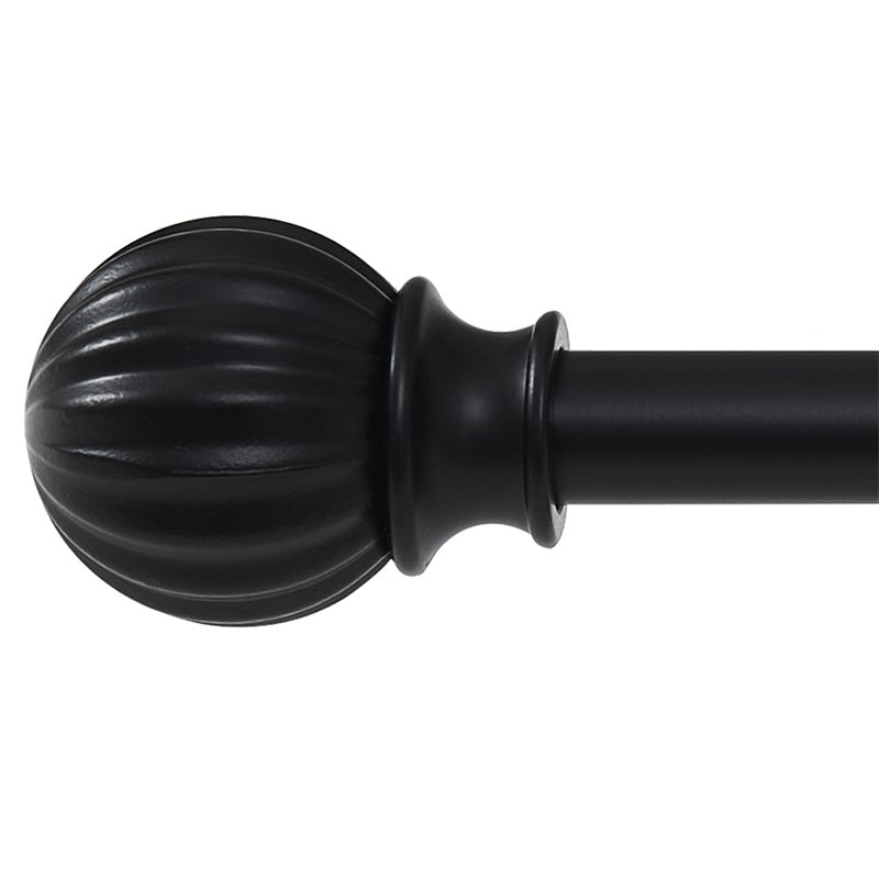 Black outdoor curtain rod with decorative petal ball cap, part of an adjustable, extra-long outdoor set for patios.