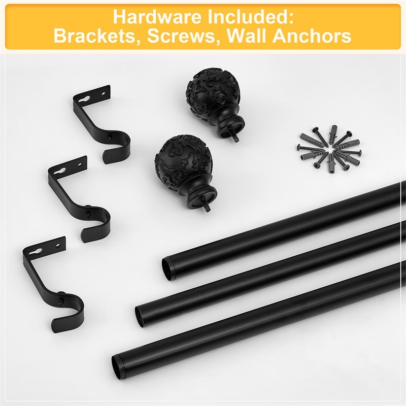 Black adjustable extra-long outdoor curtain rod set, showing rods, decorative petal ball caps, mounting brackets, screws, and wall anchors.