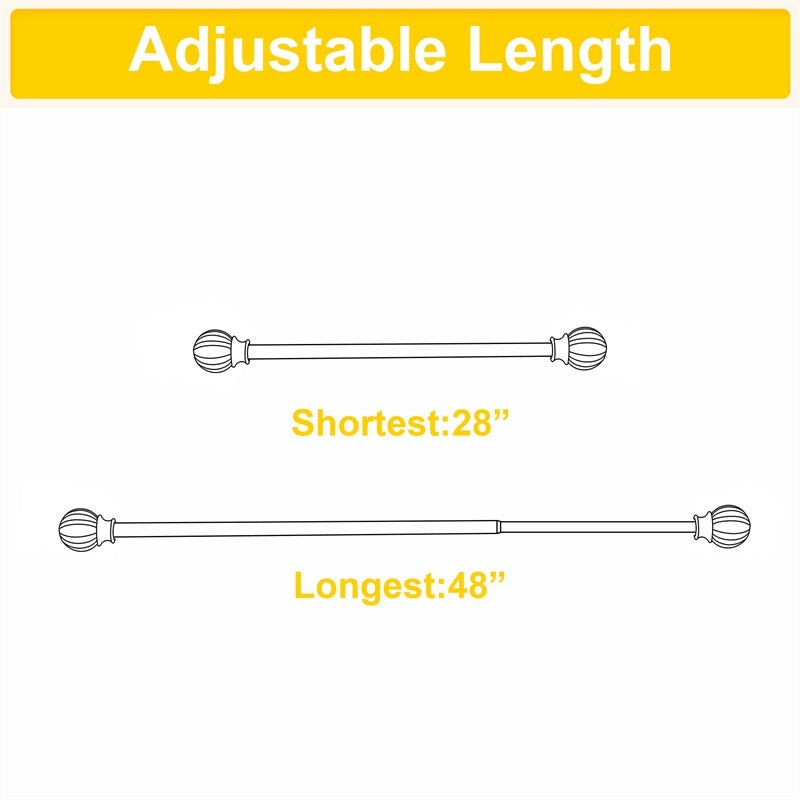 Adjustable extra-long outdoor curtain rod displayed at its 28-inch shortest and 48-inch longest lengths with petal ball caps.
