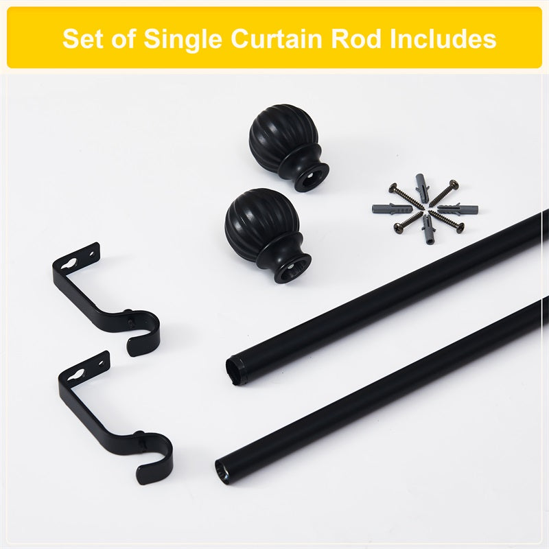 Black adjustable extra-long outdoor curtain rod set with decorative petal ball caps, wall brackets & mounting hardware.