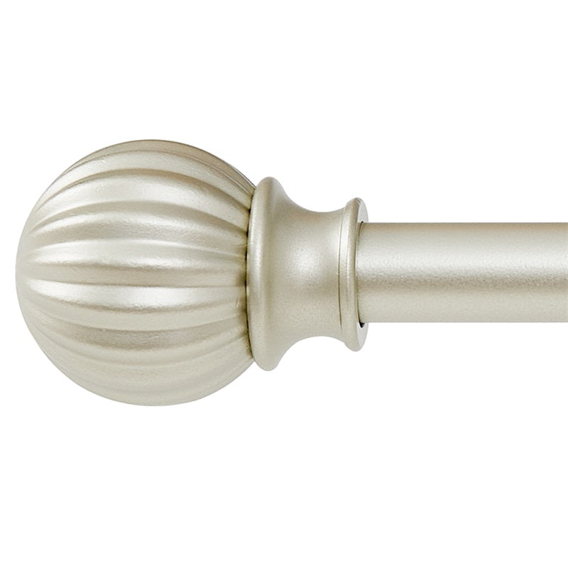 Close-up of a decorative petal ball cap finial on an extra-long outdoor curtain rod, brushed nickel finish for patios & pergolas.