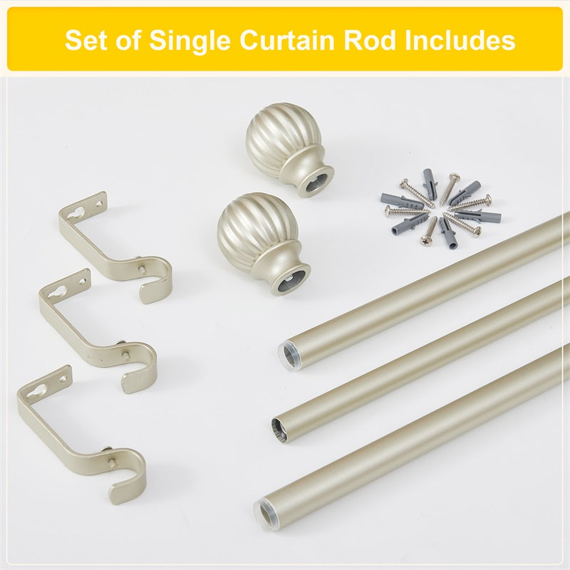 Adjustable extra-long outdoor curtain rod set with petal ball finials, three rod sections, mounting brackets, screws & anchors.