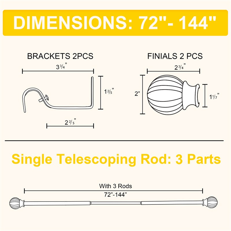 Dimensions diagram of the adjustable outdoor curtain rod set: brackets, decorative petal ball caps finials, and telescoping rod from 72"-144".
