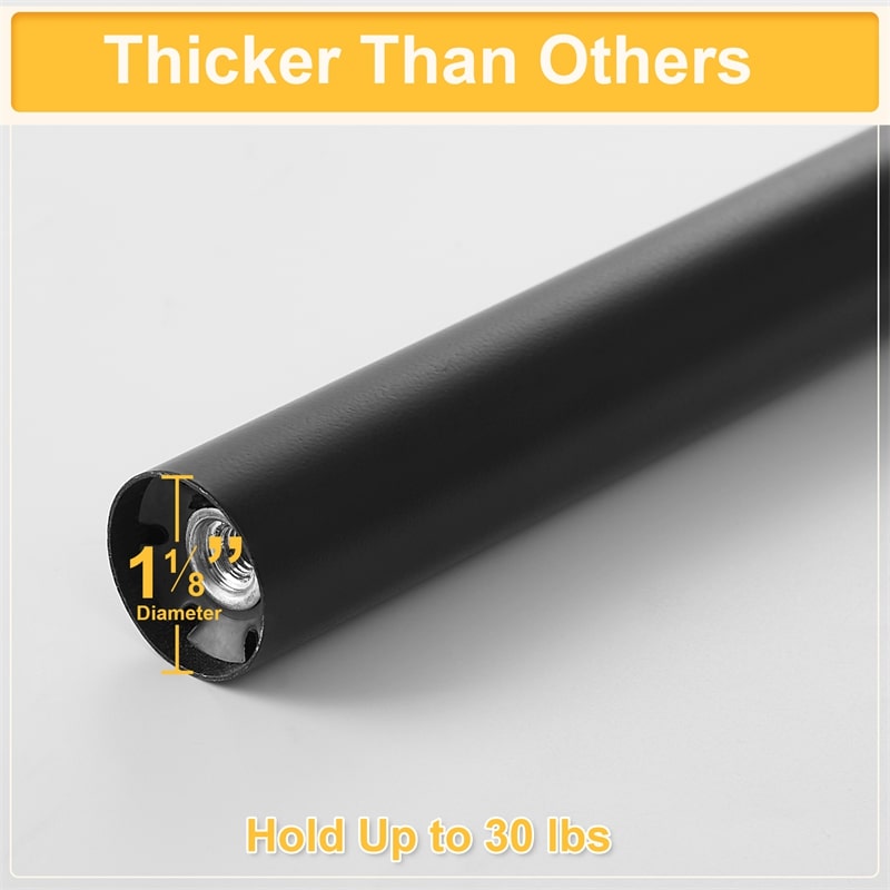 Close-up of a durable black outdoor curtain rod, 1 1/8-inch diameter, showing its thickness and robust design to hold 30 lbs.
