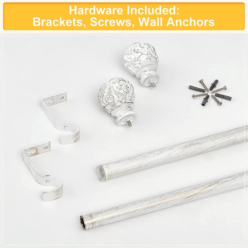 Distressed white adjustable outdoor curtain rod hardware: rod sections, decorative petal ball finials, mounting brackets, screws, wall anchors.