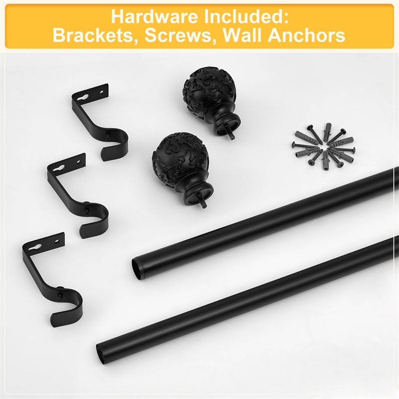 Black adjustable extra-long outdoor curtain rod hardware: 3 brackets, 2 decorative petal ball caps, rods, screws, anchors.