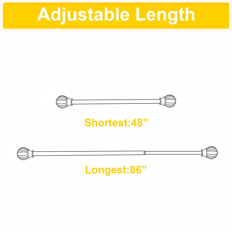 Adjustable extra-long outdoor curtain rod displayed at its shortest (48") and longest (86") lengths with petal ball caps.