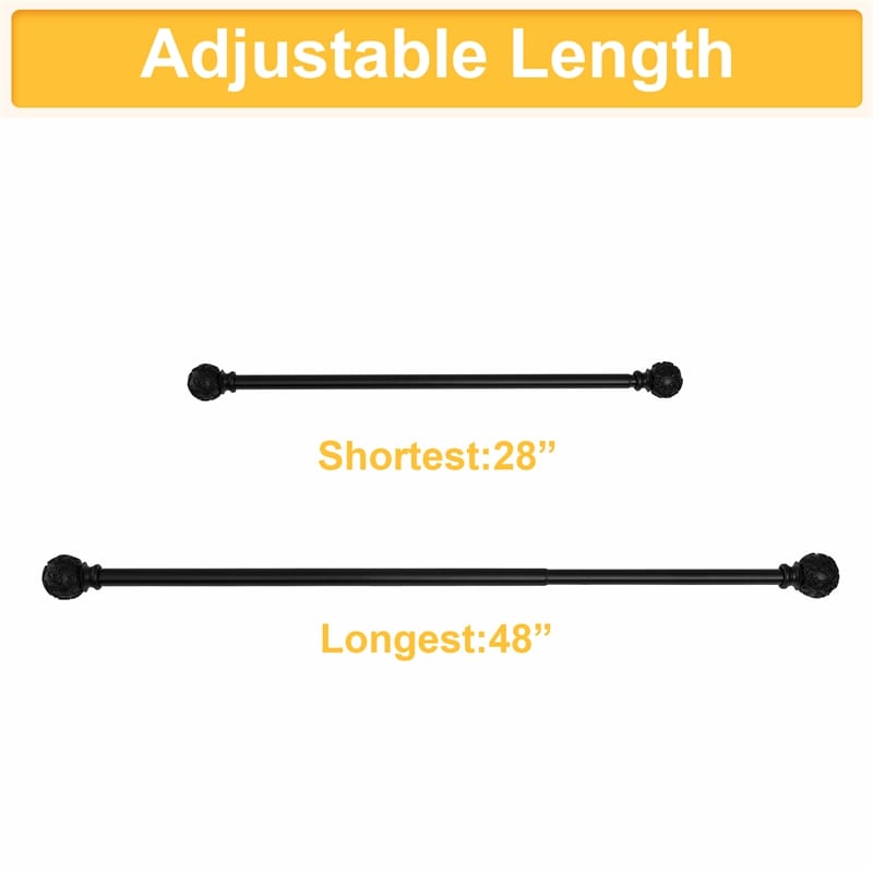 Adjustable black outdoor curtain rod set with decorative petal ball caps, demonstrating 28" shortest and 48" longest lengths.