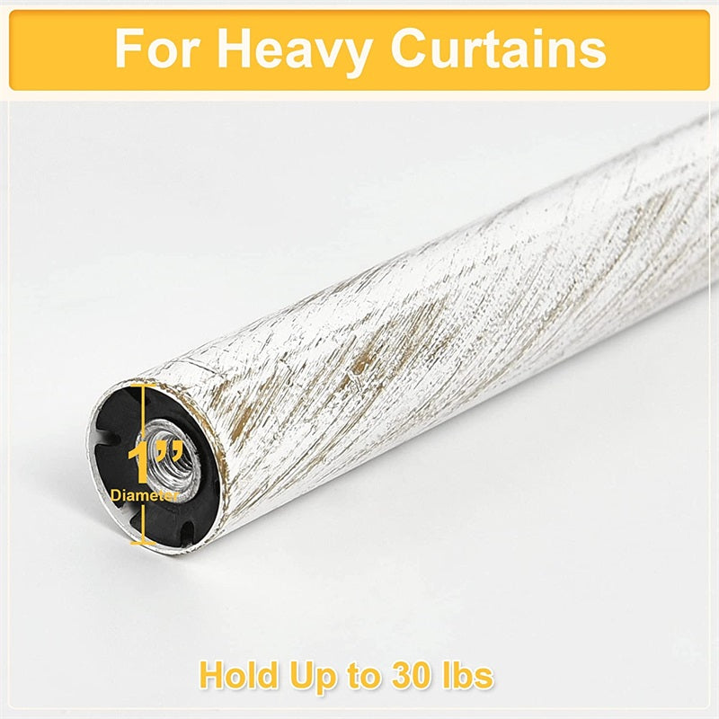 Close-up of distressed white 1-inch diameter outdoor curtain rod end, designed for heavy outdoor curtains, supporting up to 30 lbs.