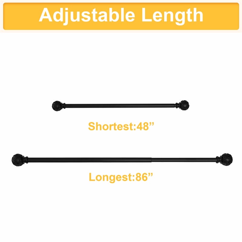 Black adjustable extra-long outdoor curtain rod set showing shortest 48" and longest 86" lengths with decorative petal ball caps.