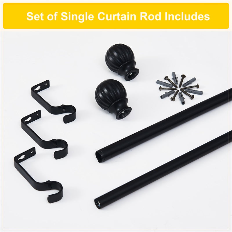 Black adjustable outdoor curtain rod set components: extra-long rods, wall brackets, decorative petal ball finials, mounting hardware.