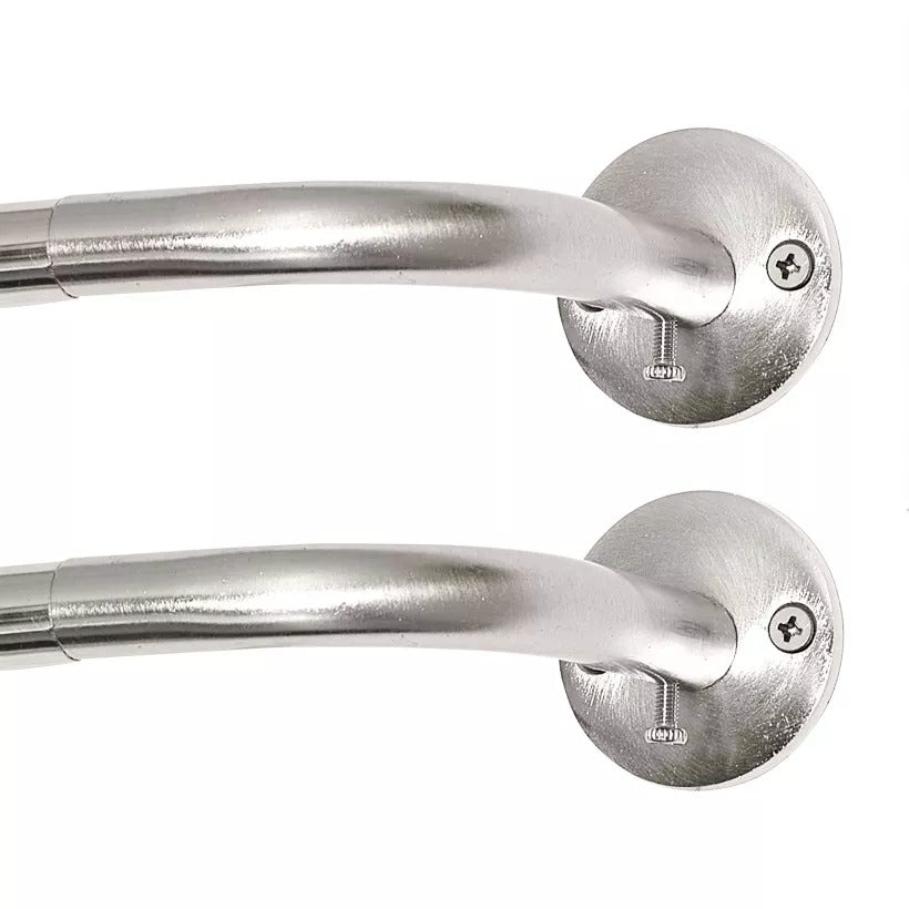 Close-up of two brushed silver wrap-around curtain rod ends with wall mounts, ideal for indoor/outdoor use.