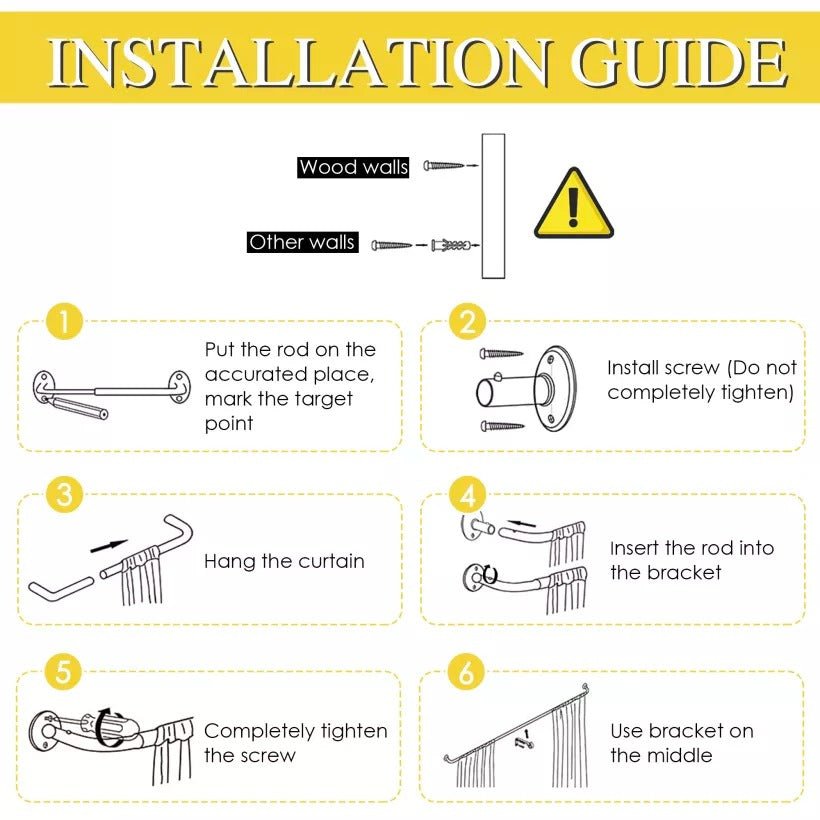 KGORGE indoor/outdoor curtain rod installation guide: 6 steps for mounting adjustable length wrap-around rods, securing curtains to various wall types.